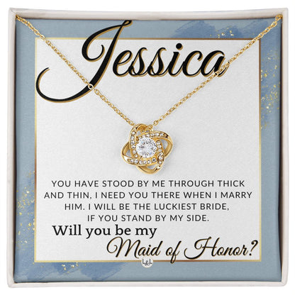 Maid of Honor Proposal, Custom Name - Be My Maid Of Honor, MOH Gift From Bride, Need You There , Dusty Blue And Gold Wedding Theme - Jewelry - Personalized Gift