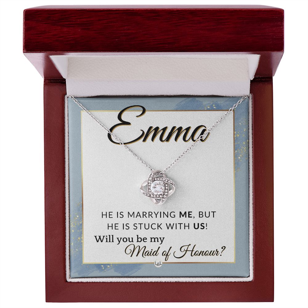 Maid of Honour Proposal, Custom Name - Be My Maid Of Honour - Wedding Party - Stuck with US , Dusty Blue And Gold Wedding Theme - Jewelry - Personalized Gift