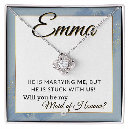 Maid of Honour Proposal, Custom Name - Be My Maid Of Honour - Wedding Party - Stuck with US , Dusty Blue And Gold Wedding Theme - Jewelry - Personalized Gift