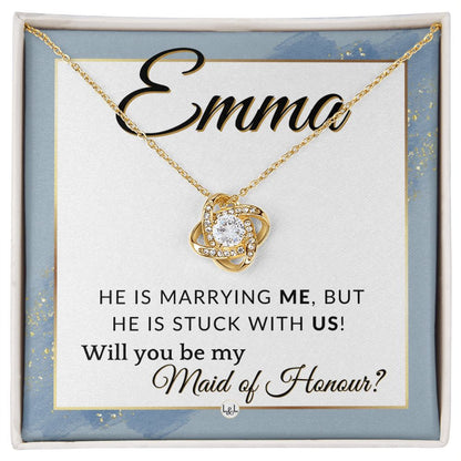Maid of Honour Proposal, Custom Name - Be My Maid Of Honour - Wedding Party - Stuck with US , Dusty Blue And Gold Wedding Theme - Jewelry - Personalized Gift