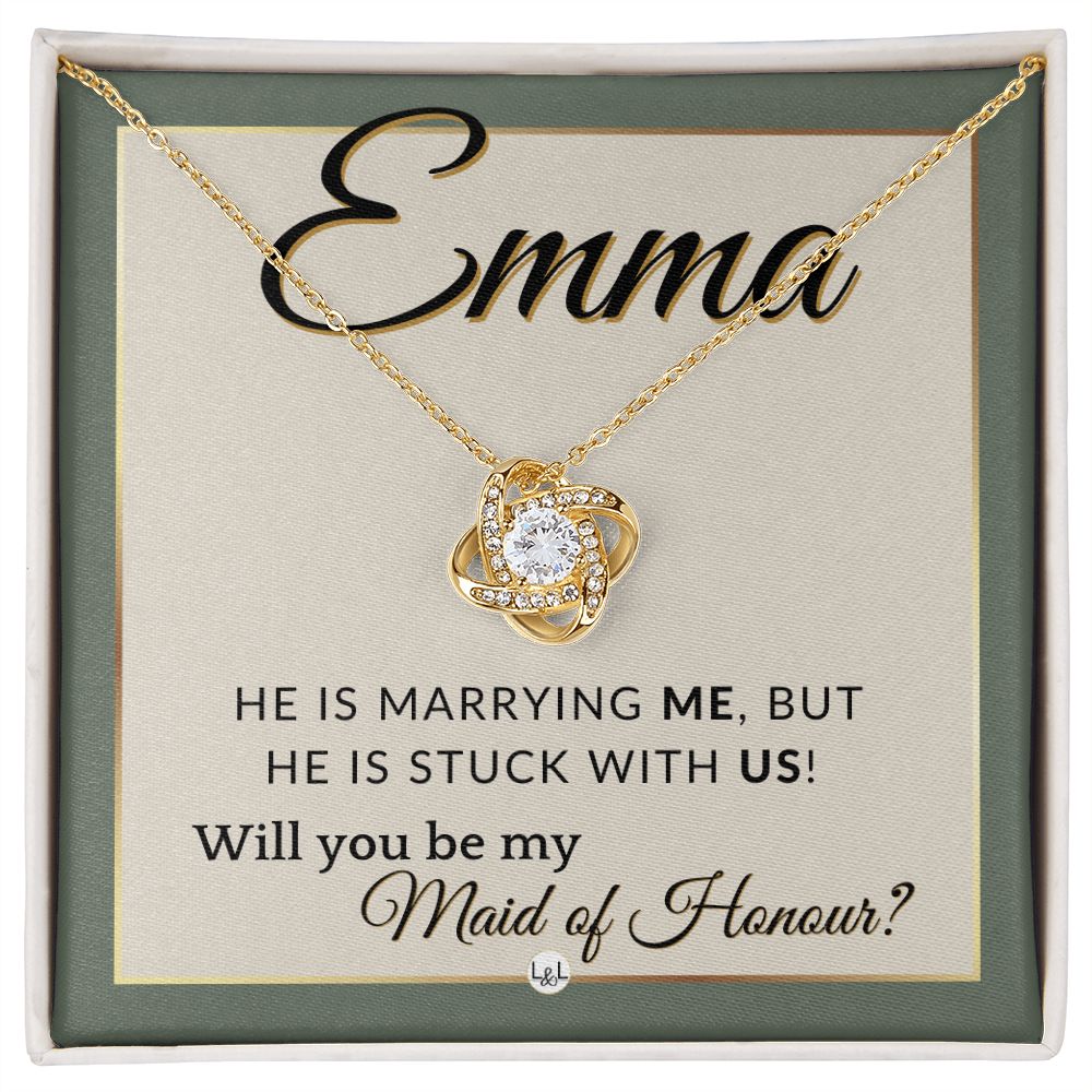 Maid of Honour Proposal, Custom Name - Be My Maid Of Honour - Wedding Party - Stuck with US , Sage Green & Boho Wedding Theme - Jewelry - Personalized Gift