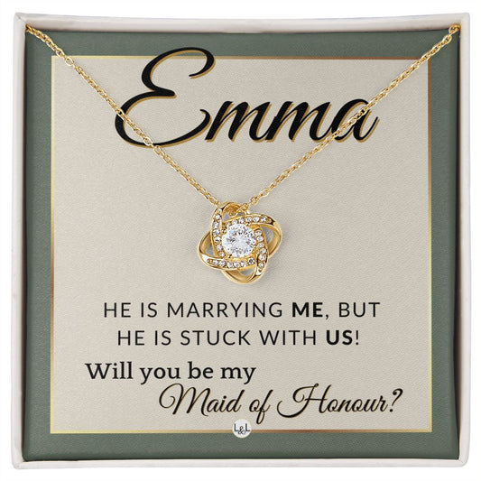 Maid of Honour Proposal, Custom Name - Be My Maid Of Honour - Wedding Party - Stuck with US , Sage Green & Boho Wedding Theme - Jewelry - Personalized Gift