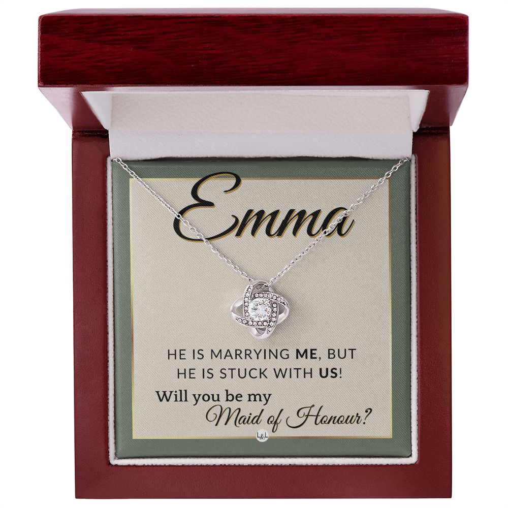 Maid of Honour Proposal, Custom Name - Be My Maid Of Honour - Wedding Party - Stuck with US , Sage Green & Boho Wedding Theme - Jewelry - Personalized Gift