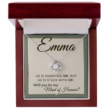 Maid of Honour Proposal, Custom Name - Be My Maid Of Honour - Wedding Party - Stuck with US , Sage Green & Boho Wedding Theme - Jewelry - Personalized Gift