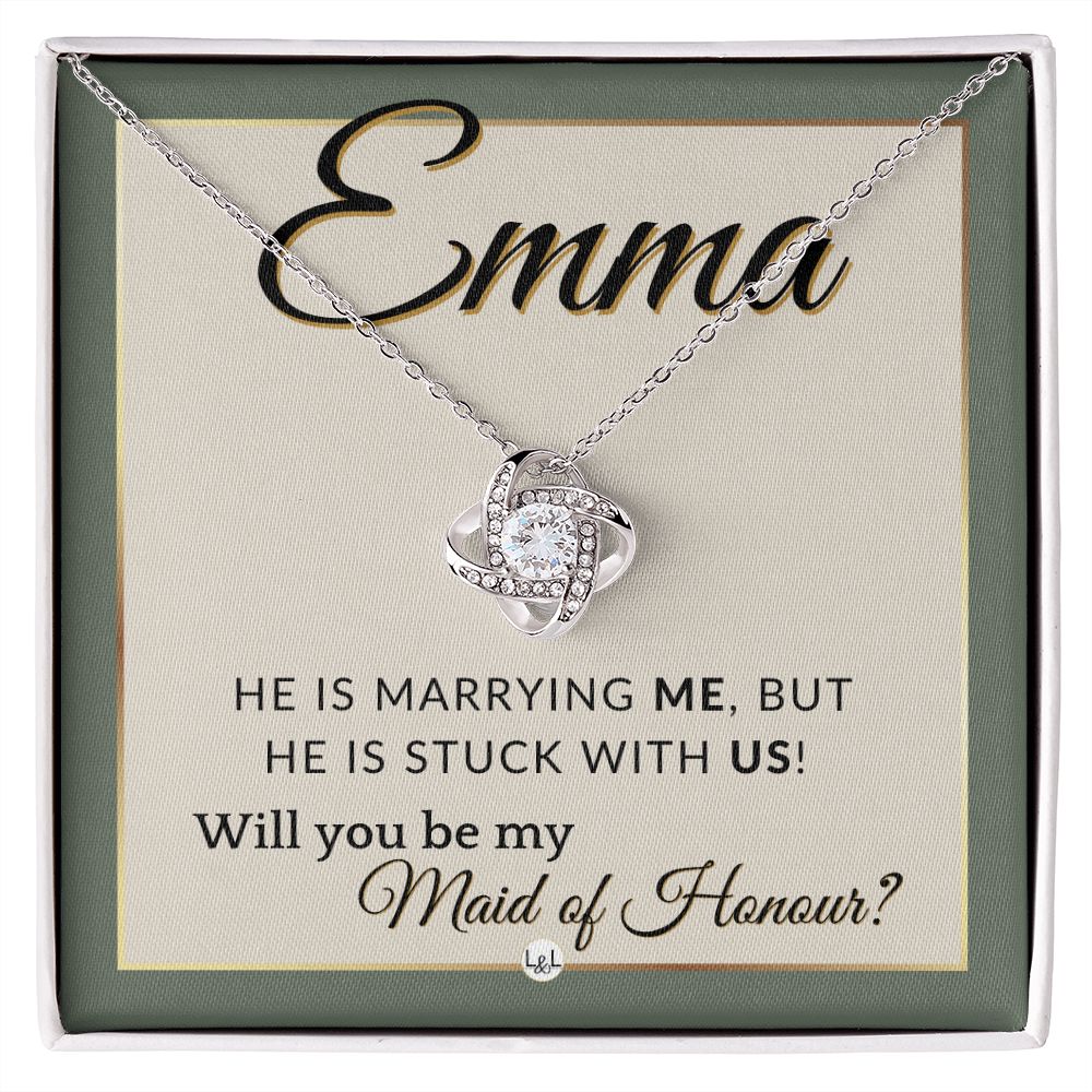 Maid of Honour Proposal, Custom Name - Be My Maid Of Honour - Wedding Party - Stuck with US , Sage Green & Boho Wedding Theme - Jewelry - Personalized Gift