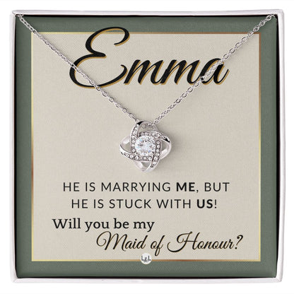 Maid of Honour Proposal, Custom Name - Be My Maid Of Honour - Wedding Party - Stuck with US , Sage Green & Boho Wedding Theme - Jewelry - Personalized Gift