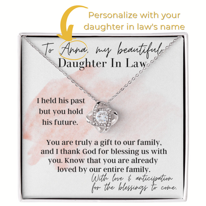 Personalized Message - To My Beautiful Daughter In Law - Love Knot - Pendant Necklace - 14k White Gold Over Stainless Steel with Cubic Zirconia Stone