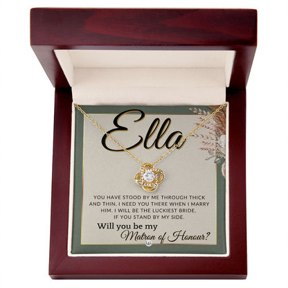 Matron of Honour Proposal Gift, Custom Name- Be My MOH Gift From Bride- Through Thick and Thin , Sage Green & Boho Wedding Theme - Jewelry - Personalized Gift