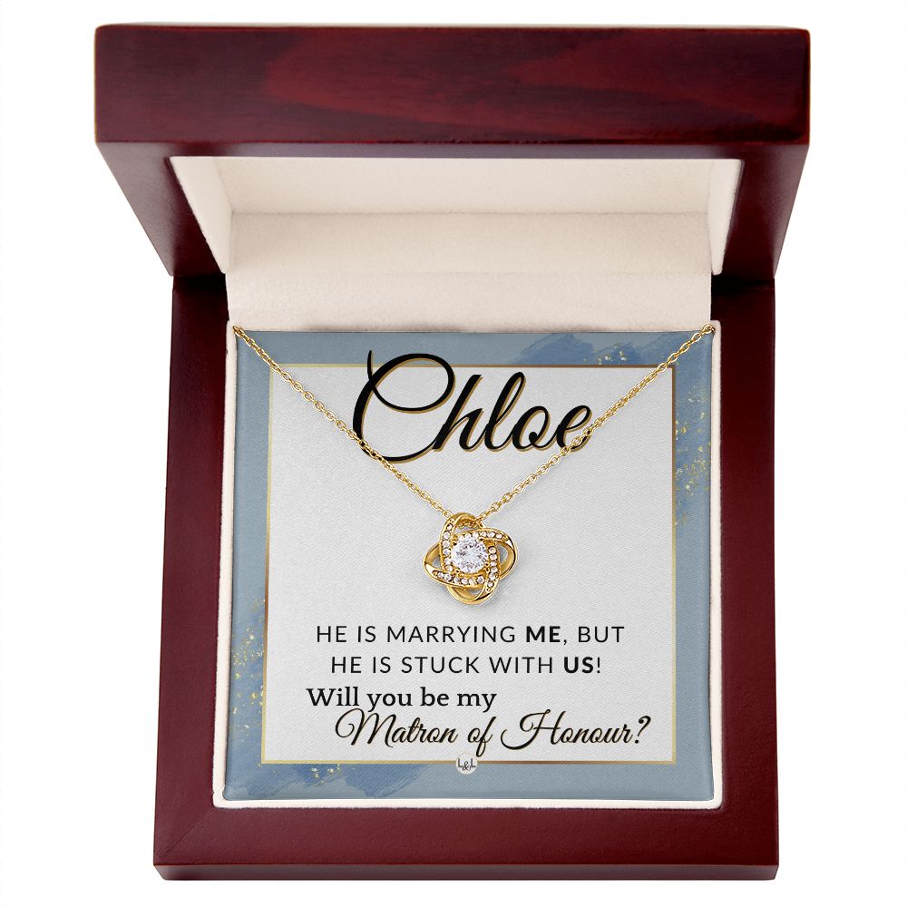 Matron of Honour Proposal Gift, Custom Name - Unique Be My MOH Gift From Bride - Stuck With Us , Dusty Blue And Gold Wedding Theme - Jewelry - Personalized Gift