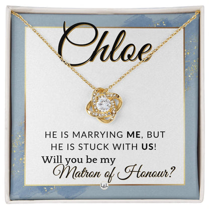 Matron of Honour Proposal Gift, Custom Name - Unique Be My MOH Gift From Bride - Stuck With Us , Dusty Blue And Gold Wedding Theme - Jewelry - Personalized Gift