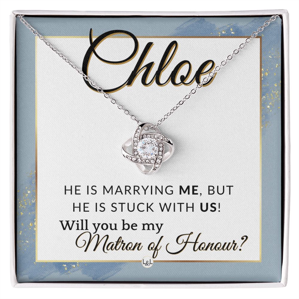 Matron of Honour Proposal Gift, Custom Name - Unique Be My MOH Gift From Bride - Stuck With Us , Dusty Blue And Gold Wedding Theme - Jewelry - Personalized Gift