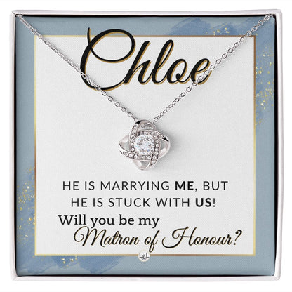 Matron of Honour Proposal Gift, Custom Name - Unique Be My MOH Gift From Bride - Stuck With Us , Dusty Blue And Gold Wedding Theme - Jewelry - Personalized Gift