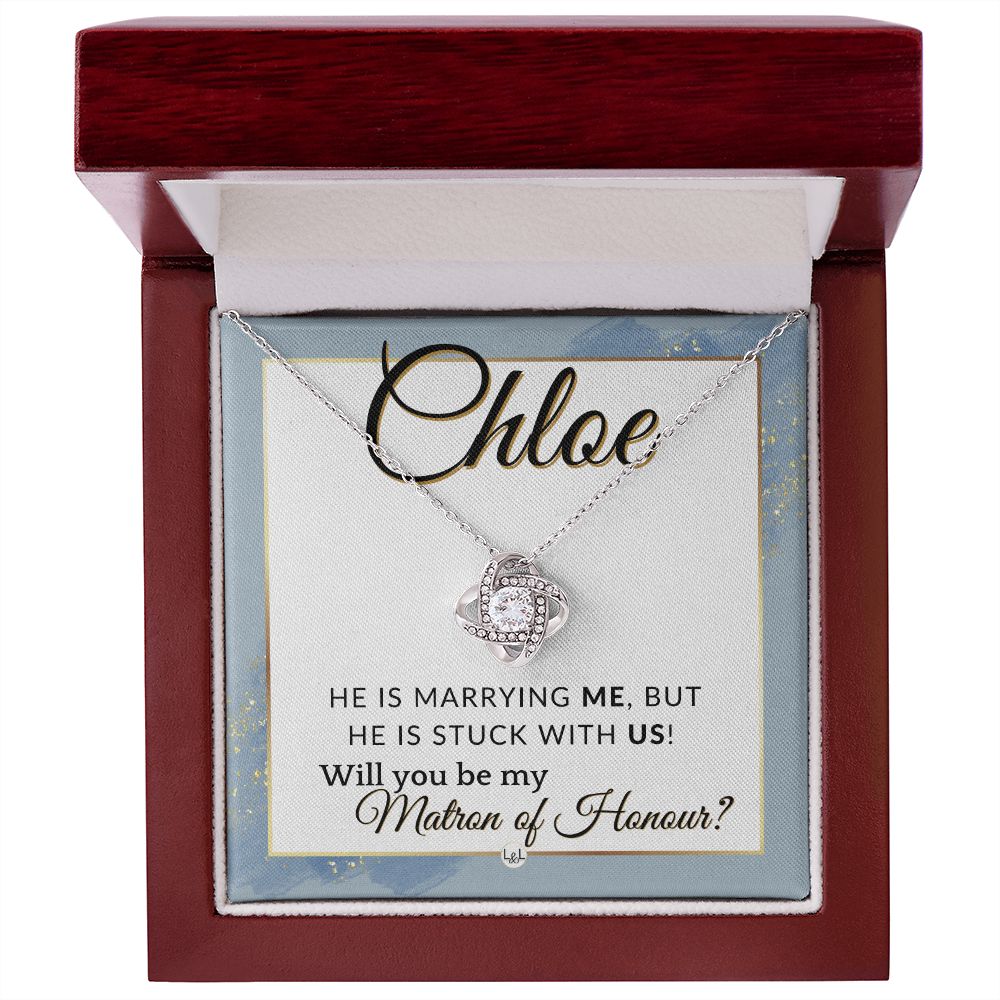 Matron of Honour Proposal Gift, Custom Name - Unique Be My MOH Gift From Bride - Stuck With Us , Dusty Blue And Gold Wedding Theme - Jewelry - Personalized Gift