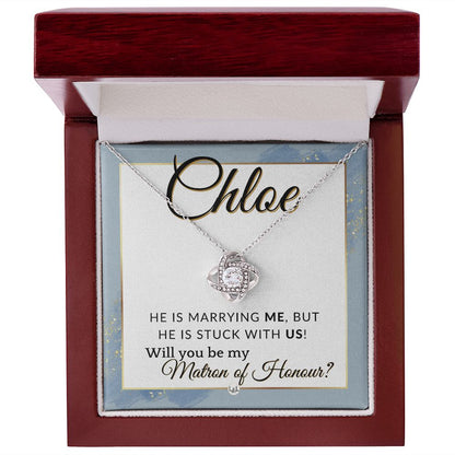 Matron of Honour Proposal Gift, Custom Name - Unique Be My MOH Gift From Bride - Stuck With Us , Dusty Blue And Gold Wedding Theme - Jewelry - Personalized Gift