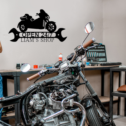 Custom Metal Trike Shop Monogram with Wrench Sign - Garage Decor