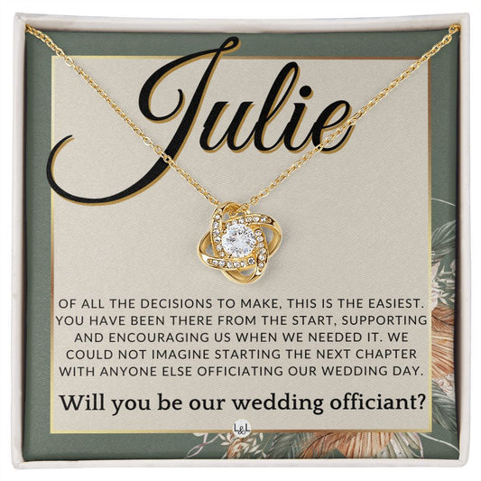 Wedding Officiant Proposal, Custom Name - Female Officiant, Vow Renewal - Of All The Decisions , Sage Green & Boho Wedding Theme - Jewelry - Personalized Gift