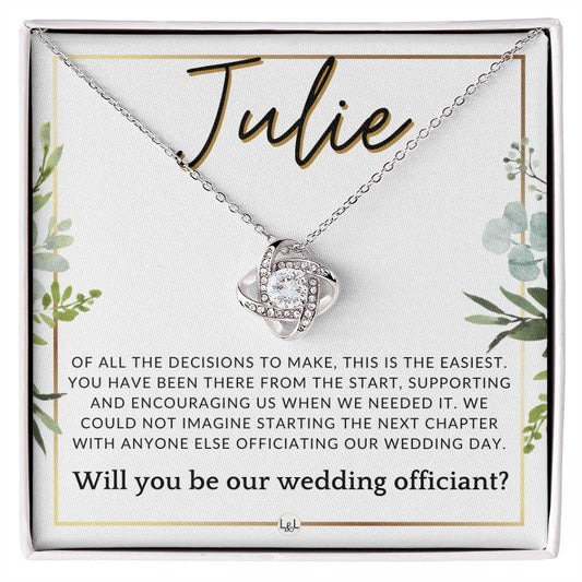 Wedding Officiant Proposal, Custom Name - Female Officiant, Vow Renewal - Of All The Decisions , White and Green, Eucalyptus Wedding - Jewelry - Personalized Gift