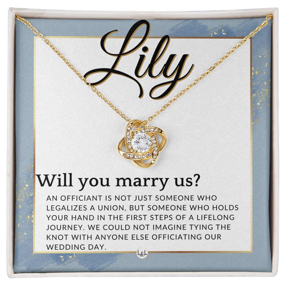 Wedding Officiant Proposal, Custom Name - Female Officiant, Vow Renewal - Will You Marry Us , Dusty Blue And Gold Wedding Theme - Jewelry - Personalized Gift