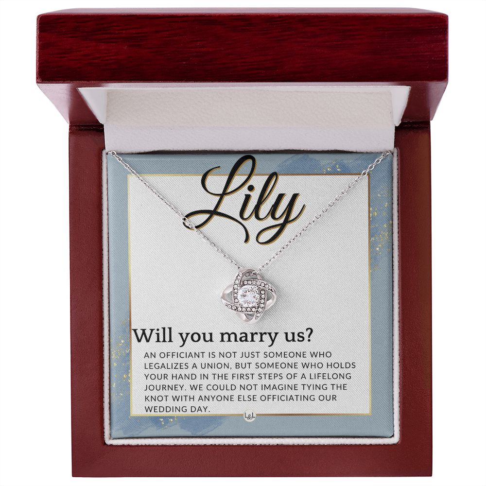 Wedding Officiant Proposal, Custom Name - Female Officiant, Vow Renewal - Will You Marry Us , Dusty Blue And Gold Wedding Theme - Jewelry - Personalized Gift