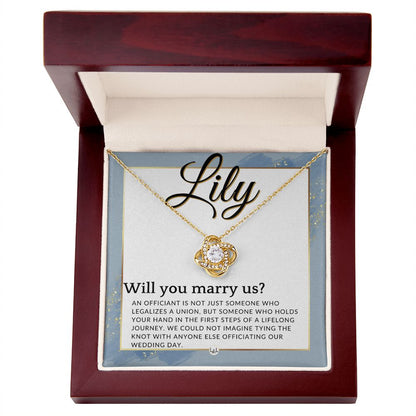 Wedding Officiant Proposal, Custom Name - Female Officiant, Vow Renewal - Will You Marry Us , Dusty Blue And Gold Wedding Theme - Jewelry - Personalized Gift