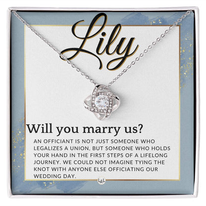Wedding Officiant Proposal, Custom Name - Female Officiant, Vow Renewal - Will You Marry Us , Dusty Blue And Gold Wedding Theme - Jewelry - Personalized Gift
