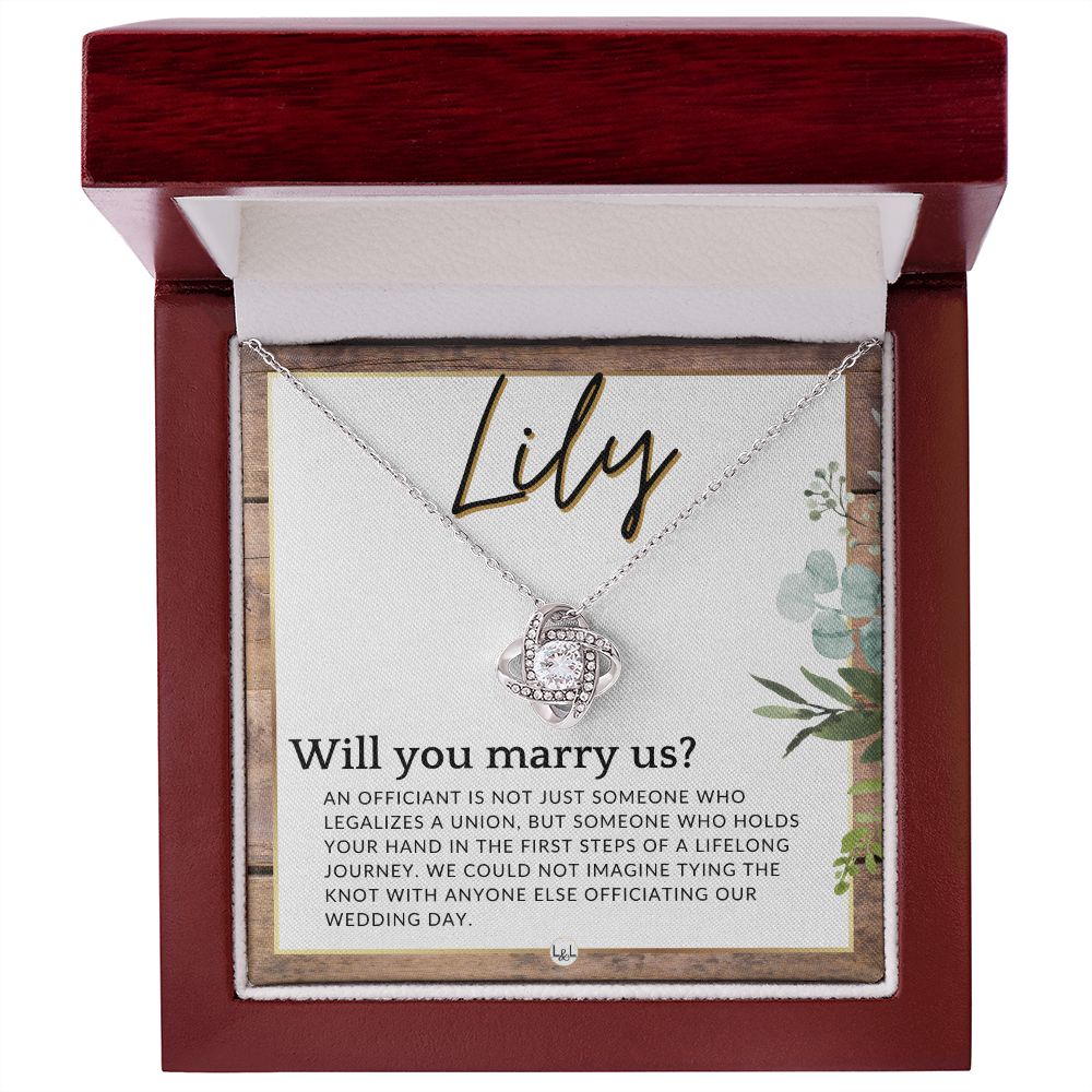 Wedding Officiant Proposal, Custom Name - Female Officiant, Vow Renewal - Will You Marry Us , Rustic and Wood Wedding Theme - Jewelry - Personalized Gift