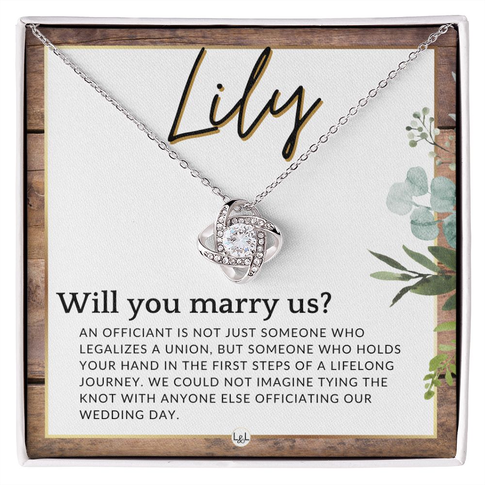 Wedding Officiant Proposal, Custom Name - Female Officiant, Vow Renewal - Will You Marry Us , Rustic and Wood Wedding Theme - Jewelry - Personalized Gift