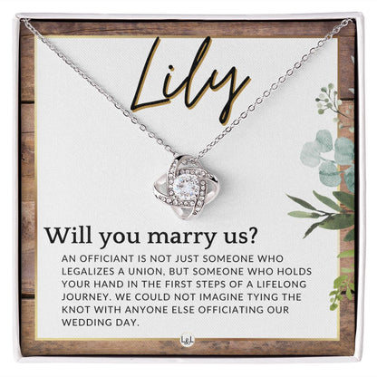 Wedding Officiant Proposal, Custom Name - Female Officiant, Vow Renewal - Will You Marry Us , Rustic and Wood Wedding Theme - Jewelry - Personalized Gift