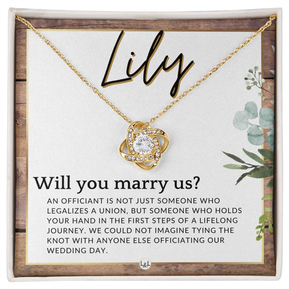 Wedding Officiant Proposal, Custom Name - Female Officiant, Vow Renewal - Will You Marry Us , Rustic and Wood Wedding Theme - Jewelry - Personalized Gift