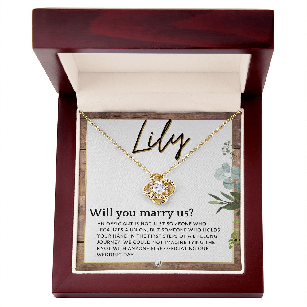 Wedding Officiant Proposal, Custom Name - Female Officiant, Vow Renewal - Will You Marry Us , Rustic and Wood Wedding Theme - Jewelry - Personalized Gift