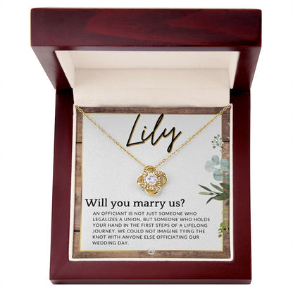 Wedding Officiant Proposal, Custom Name - Female Officiant, Vow Renewal - Will You Marry Us , Rustic and Wood Wedding Theme - Jewelry - Personalized Gift