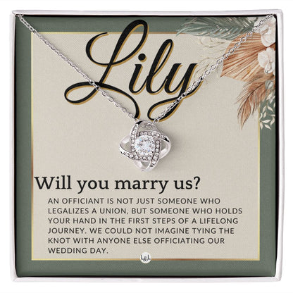 Wedding Officiant Proposal, Custom Name - Female Officiant, Vow Renewal - Will You Marry Us , Sage Green & Boho Wedding Theme - Jewelry - Personalized Gift