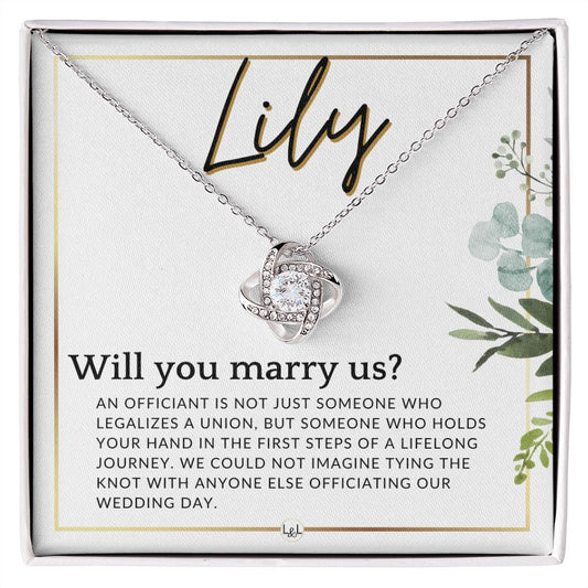 Wedding Officiant Proposal, Custom Name - Female Officiant, Vow Renewal - Will You Marry Us , White and Green, Eucalyptus Wedding - Jewelry - Personalized Gift