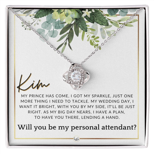 Wedding Personal Attendant Proposal, Custom Name - Wedding Helper - Wedding Party Gift Idea , White and Green, Eucalyptus Wedding - Jewelry - Personalized Gift